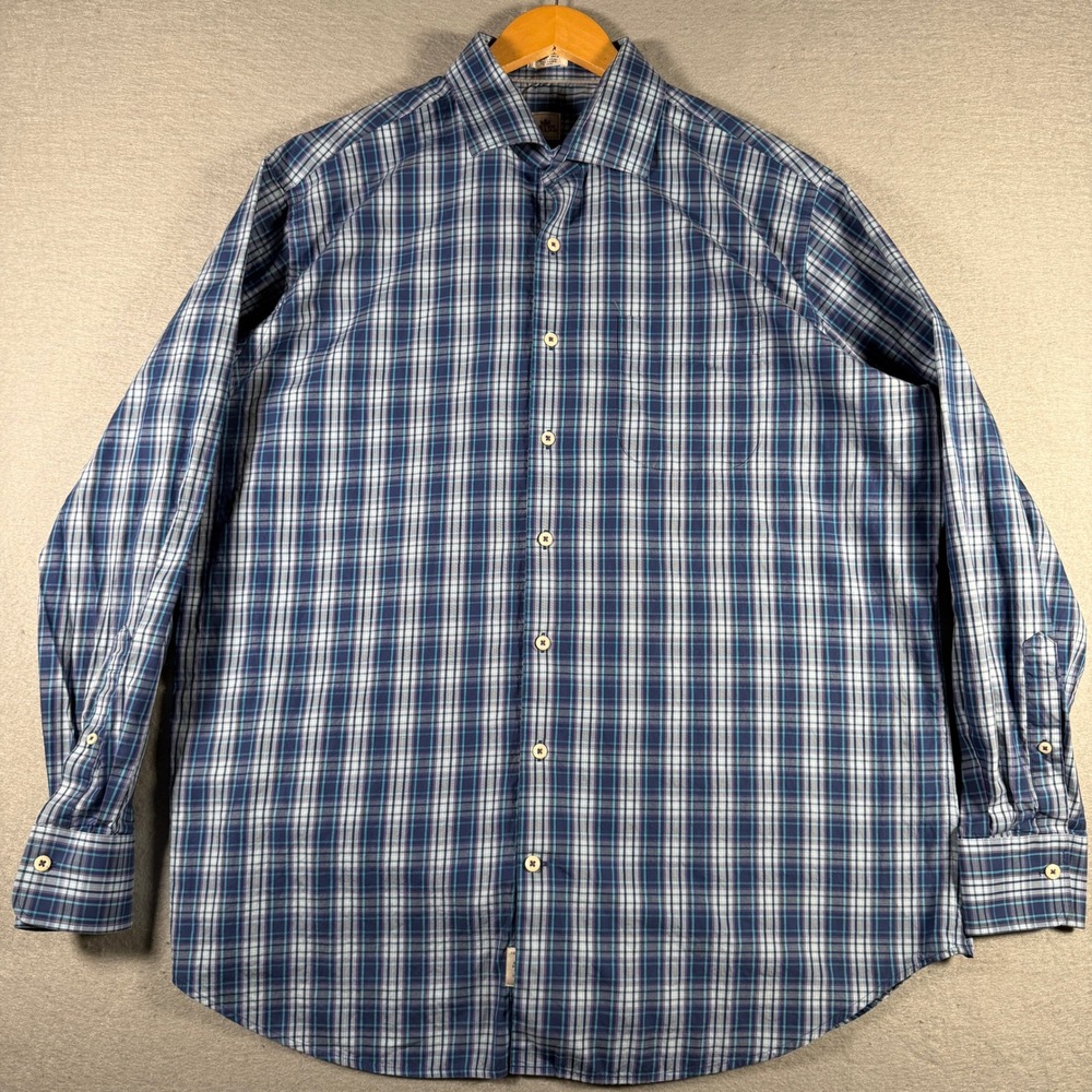 Peter Millar Mens XL Blue Purple Plaid Cotton Button Down Shirt MS16W107CSL